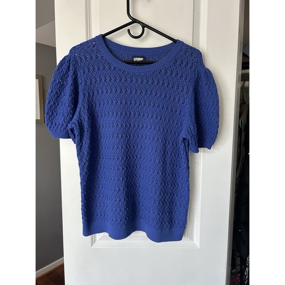 Lands' End Sweaters - Lands End Women's Cotton Cable Puff Sleeve Crew Neck Sweater Short Sleeve Sz M